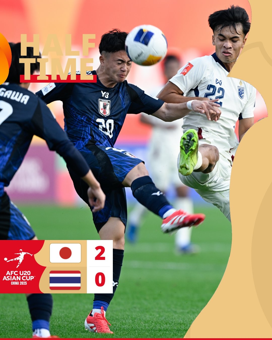 半场-日本U20 2-0领先泰国U20,石井久继破门+中柱 泰国0射正